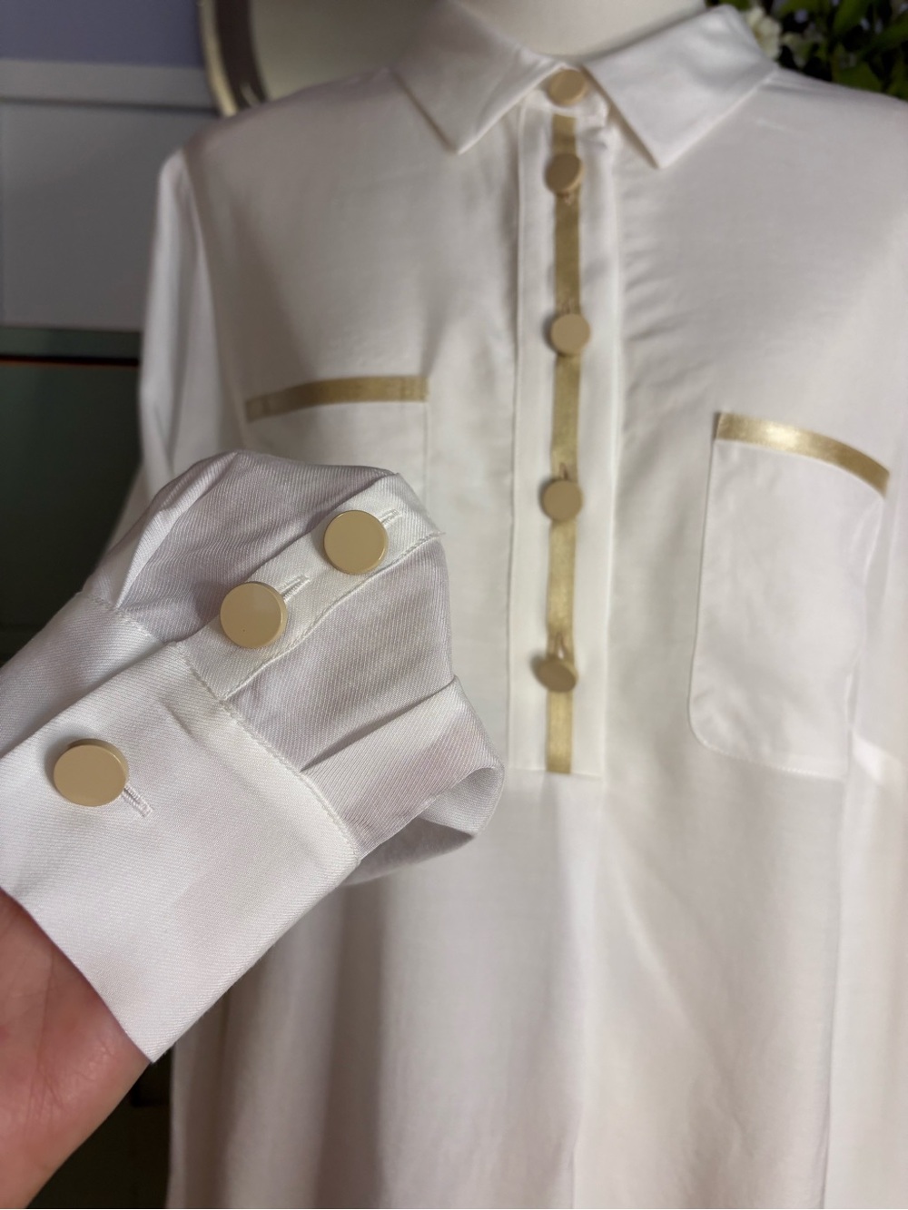 Madeleine White Semi-Sheer Long Sleeve Blouse w Gold Trim & Buttons - Pockets XL